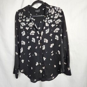 Liz‎ Caliborne Career Womens Collared Blouse Floral Black White Size Small